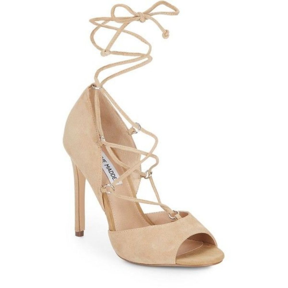STEVE MADDEN Rayshel Nude Suede Lace-Up Open Toe Heels 8 New In Box!